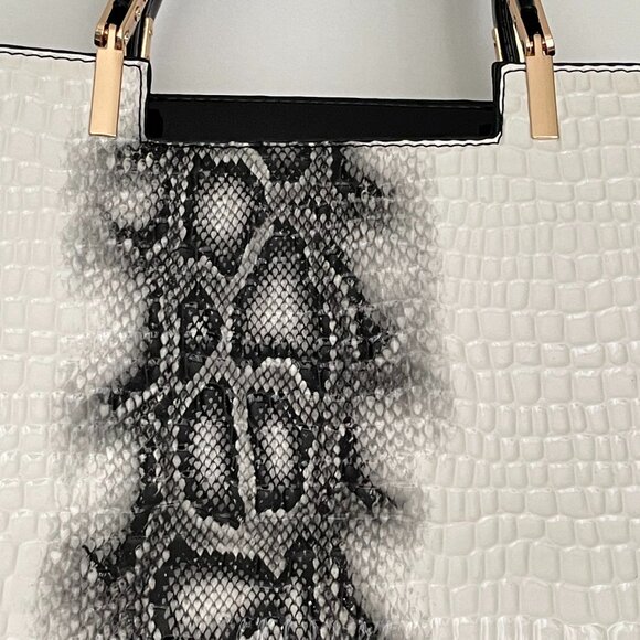 NWOT Snakeskin PU Leather Double Handle Satchel with Crossbody Strap Bla… - Picture 4 of 8
